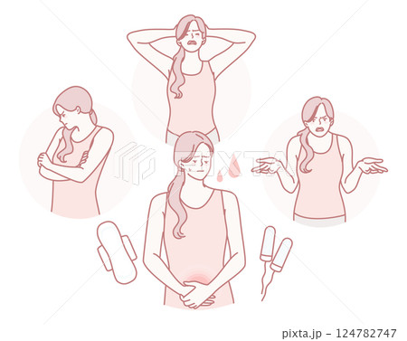 An illustration showing the diverse emotions women experience during their menstrual cycle 124782747