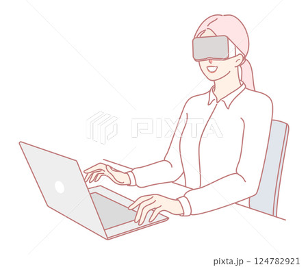 A woman wears a VR headset while working on her laptop in a modern office, blending technology and productivity A woman wears a VR headset while working on her laptop in a modern office, blending technology and productivity 124782921
