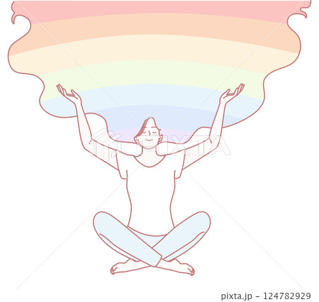 Artistic illustration of a woman meditating with joyful, serene rainbow hair colors 124782929