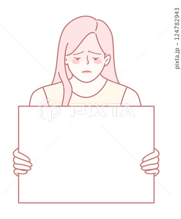 A Sad Woman Holding a Blank Signboard, capturing her emotions of loneliness and sorrow 124782943
