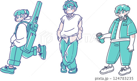 ヘッドホンをした男の子のイラストセット 124783235