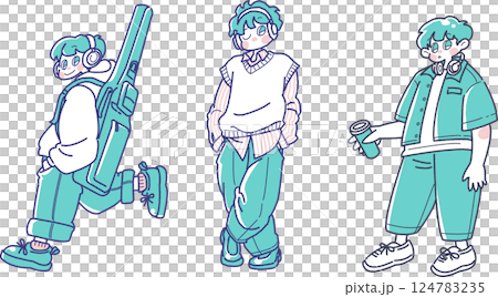 一個戴著耳機的男孩的插圖集 124783235