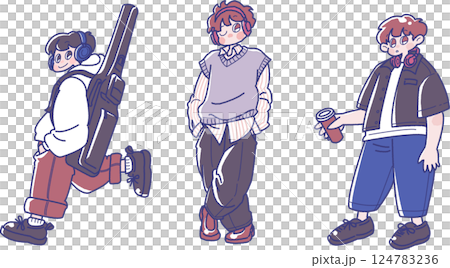 Illustration set of a boy wearing headphones 124783236