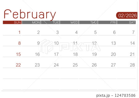 February 2026 blank calendar page isolated on white, Save clipping path. February 2026 blank calendar page isolated on white, Save clipping path. 124783586