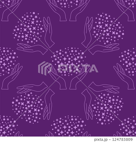 Silhouettes Magic symbols seamless pattern, with magical elements such as snake, eye, tarot cards, hand, skull. Witchcraft theme symbols and elements 124783809