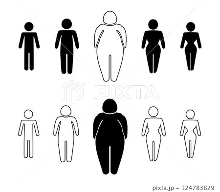 A man or woman diets and exercises from fat to fitness series frontal view. Figure and size person, body index mass. Vector A man or woman diets and exercises from fat to fitness series frontal view. Figure and size person, body index mass. Vector 124783829