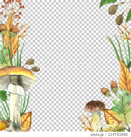 Watercolor frame on a forest theme made of mushrooms, tree leaves, acorns, wild berries. All objects are hand-drawn with watercolors. For printing on postcards, invitations, magazines, stationery. Watercolor frame on a forest theme made of mushrooms, tree leaves, acorns, wild berries. All objects are hand-drawn with watercolors. For printing on postcards, invitations, magazines, stationery. 124783890