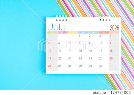 Desk calendar for July 2026 for planning on colorful. Desk calendar for July 2026 for planning on colorful. 124784009