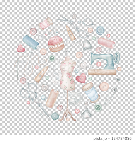 Round composition with sewing tools and needlework accessories. Sewing machine, mannequin, pincushion, scissors, buttons, thimble, spool, safety pin in watercolor style. Atelier supplies clipart. Round composition with sewing tools and needlework accessories. Sewing machine, mannequin, pincushion, scissors, buttons, thimble, spool, safety pin in watercolor style. Atelier supplies clipart. 124784056