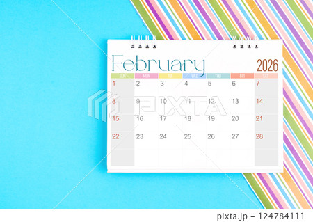 Desk calendar for February 2026 for planning on colorful. Desk calendar for February 2026 for planning on colorful. 124784111