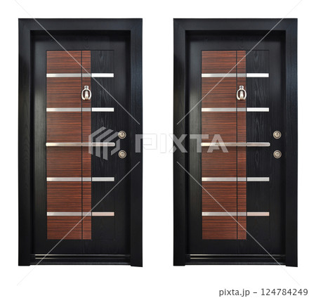 Modern brown black wooden looking steel two door, front door, isolated on white background Modern brown black wooden looking steel two door, front door, isolated on white background 124784249