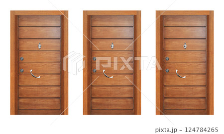 Modern walnut wooden looking steel three door, front door, isolated on white background 124784265
