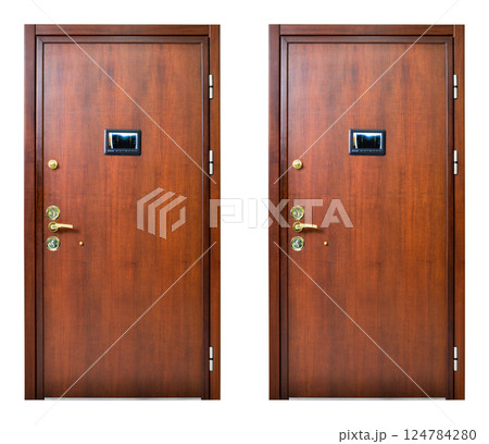Modern walnut wooden looking steel two door, front door, electronic security lock system Modern walnut wooden looking steel two door, front door, electronic security lock system 124784280