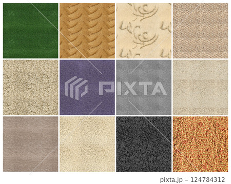 Collage with colorful carpets as background. Carpet sample textures. Suitable for banner and web design. 124784312