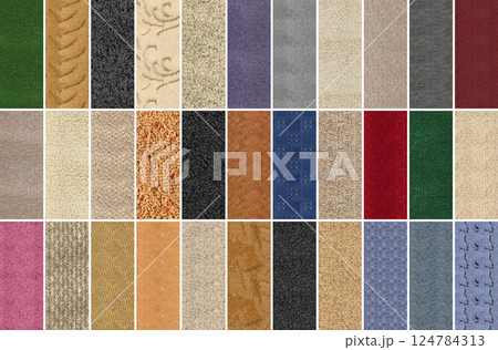 Collage with colorful carpets as background. Carpet sample textures. Suitable for banner and web design 124784313