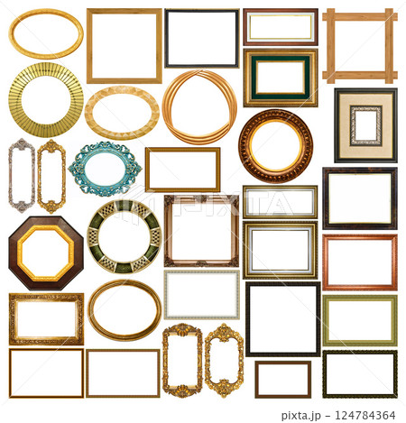 Wide variety of gold and silver frame collages as backgrounds. Lots of frame examples, suitable for banner and web design 124784364