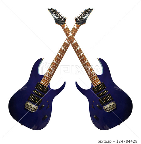 Two rosewood Ibanez Gio Electric blue or navy blue guitar, music related banner work, Istanbul Turkey July 07 2024 124784429