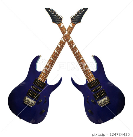 Two electric guitar with a wooden blue or navy blue body, special musical instrument, white area 124784430