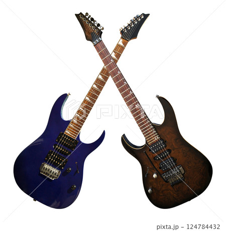 Two electric guitar with a wooden walnut brown and blue body, special musical instrument, white area 124784432