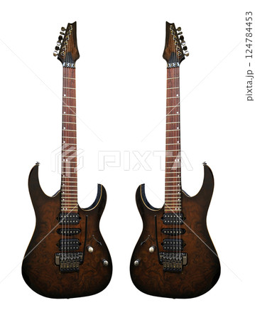 Two electric guitar with a wooden walnut brown body, special musical instrument, white area Two electric guitar with a wooden walnut brown body, special musical instrument, white area 124784453