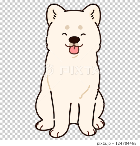 一隻微笑的白色秋田犬面朝前方坐著的簡單可愛的插圖，帶有主線 124784468