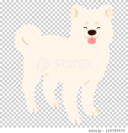 Simple and cute illustration of a smiling white Akita dog, no main lines 124784474