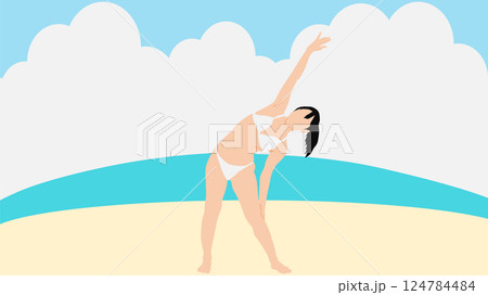 浜辺で夏休みを満喫する女性のイラスト(海水浴) 浜辺で夏休みを満喫する女性のイラスト(海水浴) 124784484