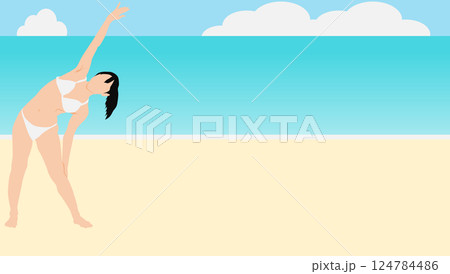 浜辺で夏休みを満喫する女性のイラスト(海水浴) 124784486