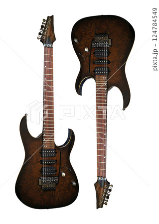 Two electric guitar with a wooden walnut brown body, special musical instrument, white area 124784549