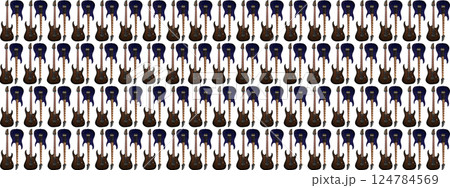 Electric guitar with a wooden walnut brown and blue body, special musical instrument banner design work, white area 124784569