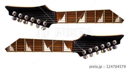 Rosewood electric guitar strings and fretboard rest, music related banner work, isolated on white background 124784579