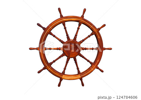 Old large wooden mahogany decorative rudder used to steer a ship boat or yacht, isolated on a white background 124784606