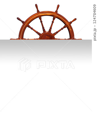 Old large wooden mahogany decorative rudder used to steer a ship boat or yacht, isolated on a white background 124784609