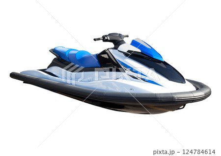Fast and powerful watercraft used for recreational purposes in sea oceans and rivers, blue black jet ski isolated on white background 124784614