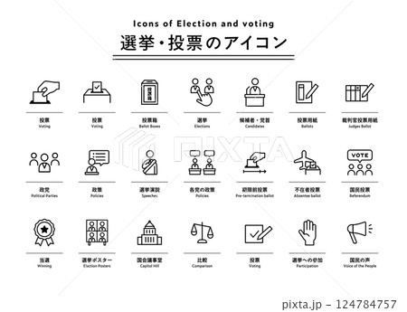 選挙・投票のアイコンのセット 政治 参議院選挙 衆議院選挙 議員 政策 政党 政治家 内閣 政府 選挙・投票のアイコンのセット 政治 参議院選挙 衆議院選挙 議員 政策 政党 政治家 内閣 政府 124784757