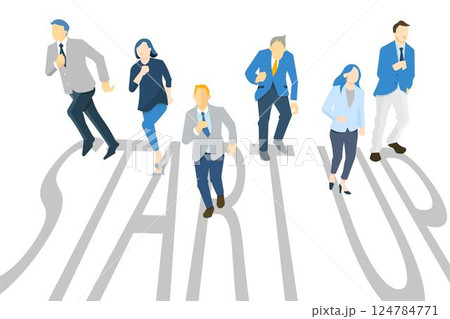 スタートアップのイメージイラストーダッシュで走り出すビジネスパーソンー白バックイラスト素材 124784771