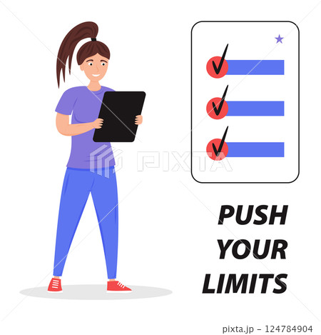 Woman checking completed tasks on a tablet while focusing on goals 124784904