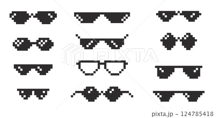 Pixel glasses 8 bit y2k, sunglasses. Meme icon, googgles. Mafia meme prank funny black hipster eyeglasses for gangster  124785418