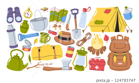 Summer camping, hiking adventure on nature and outdoors travel equipment hand-drawn elements set