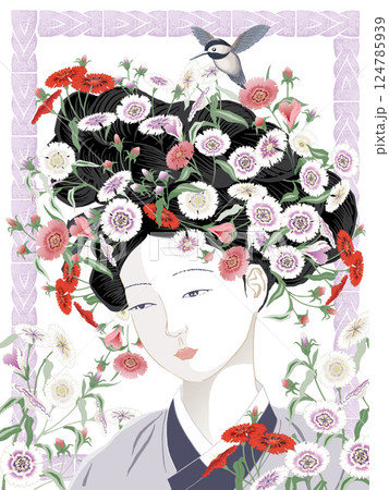 Portrait of a Joseon Era Korean Beauty Adorned with Full-Bloom Dianthus Flowers. Vector Illustration Portrait of a Joseon Era Korean Beauty Adorned with Full-Bloom Dianthus Flowers. Vector Illustration 124785939