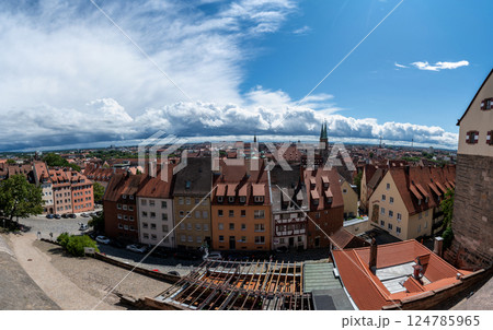 Nuremberg, Germany, August 1, 2023. Cityscape on a beautiful sunny day. View from the old town on the hill to the stadium. Explore and learn more about Nuremberg. Large format panoramic shot. 124785965