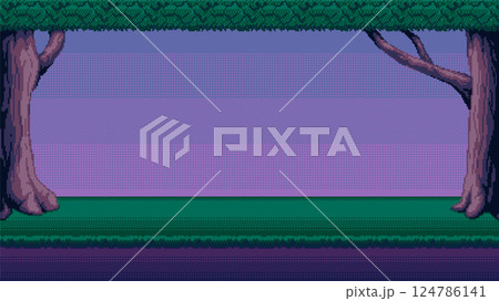 Night forest pixel art background. 2d backdrop for 8-bit retro video game or mobile application. Seamless when docking horizontally. Night forest pixel art background. 2d backdrop for 8-bit retro video game or mobile application. Seamless when docking horizontally. 124786141