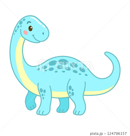 Cute blue cartoon brachiosaurus dinosaur with long neck and smile Cute blue cartoon brachiosaurus dinosaur with long neck and smile 124786157