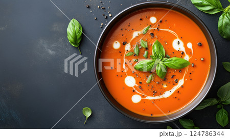 Tomato soup with basil and cream in dark bowl Tomato soup with basil and cream in dark bowl 124786344