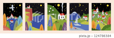 Abstract forest. House and hill meadow. Rural landscape. Natural park. Geometry shapes. Night sky. Spring earth and tree village. River yacht. Field scene with farm plants. Vector cards set Abstract forest. House and hill meadow. Rural landscape. Natural park. Geometry shapes. Night sky. Spring earth and tree village. River yacht. Field scene with farm plants. Vector cards set 124786384