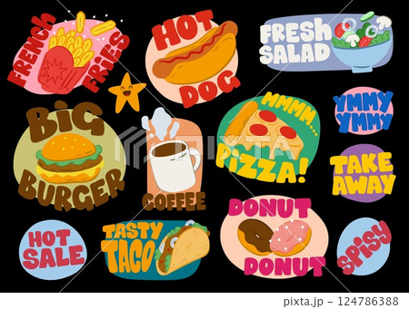 Food stickers. Retro burger icon. Pizza and coffee logo. Yummy vintage drink and sandwich meal menu. Fastfood label with lettering. Hot sale for takeaway snacks. Vector art badges set 124786388