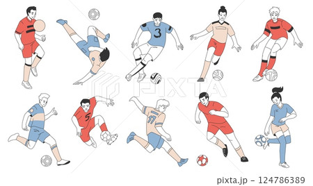 Soccer players. Football kick, play characters in sport uniform. Goalkeeper boy, man and male keeper in different pose kicking balls, kickball goal team, game competition. Vector isolated icons 124786389
