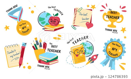 School stickers. Teacher medal. Award for studying. Trophy card or best symbol of learning celebration. Book and stationery. Academic achievement. Calligraphy lettering. Vector badges set 124786393