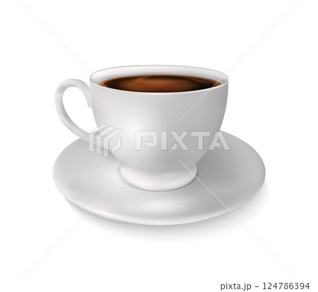 3d coffee mug. Realistic white cup on ceramic plate, hot arabica beverage, morning caffeine drink, espresso or cappuccino side view isolated on white background element. Vector single object 3d coffee mug. Realistic white cup on ceramic plate, hot arabica beverage, morning caffeine drink, espresso or cappuccino side view isolated on white background element. Vector single object 124786394