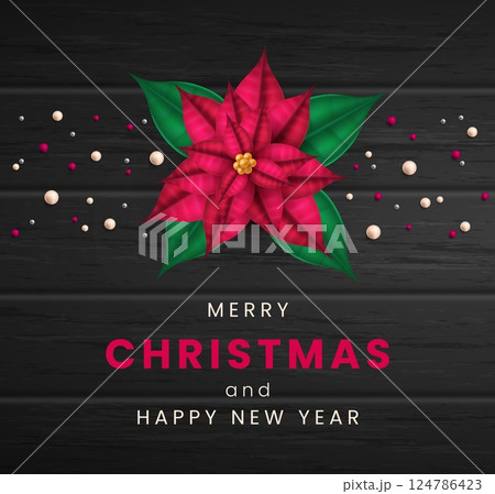 Christmas and New Year greeting card. Winter plant. Merry Xmas garland. Cold season celebration. Holly leaves on wood plank. Poinsettia flower. Botanical elements. Vector holiday banner Christmas and New Year greeting card. Winter plant. Merry Xmas garland. Cold season celebration. Holly leaves on wood plank. Poinsettia flower. Botanical elements. Vector holiday banner 124786423